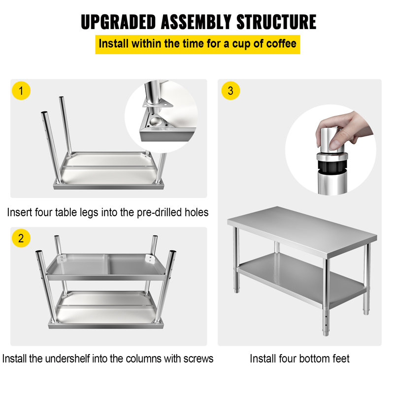 VEVOR 48" Stainless Steel Heavy Duty Work Table with Adjustable Shelf