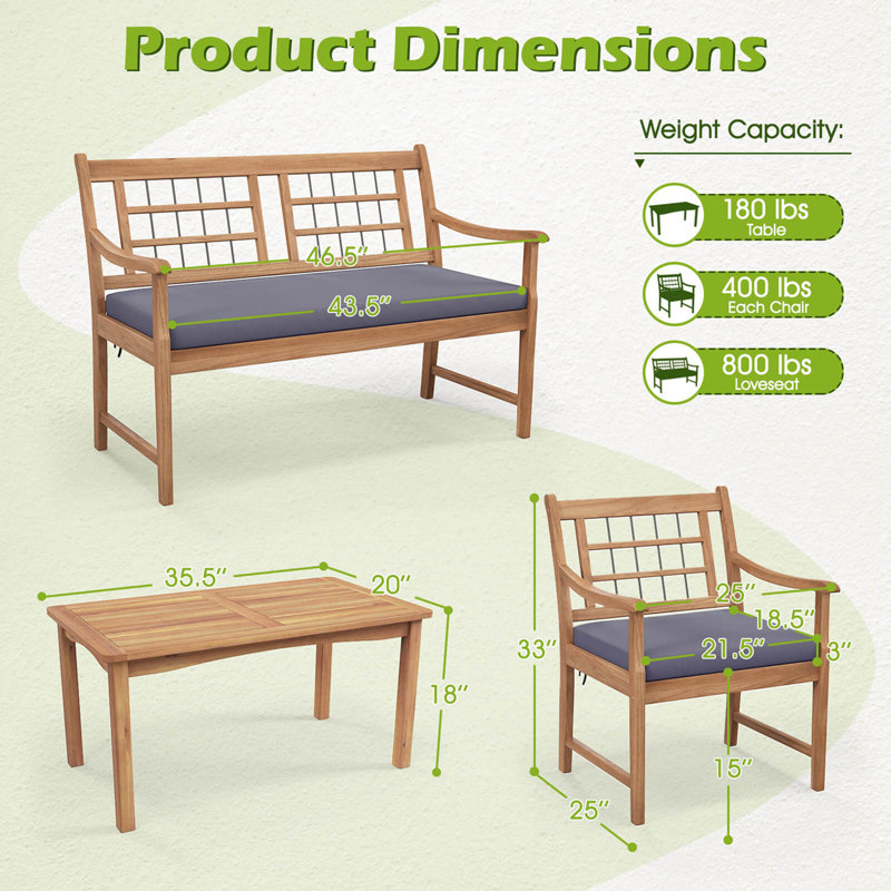 4 Pcs Wood Patio Furniture Set With Soft Seat Cushions Solid Acacia Wood Frame, Gray