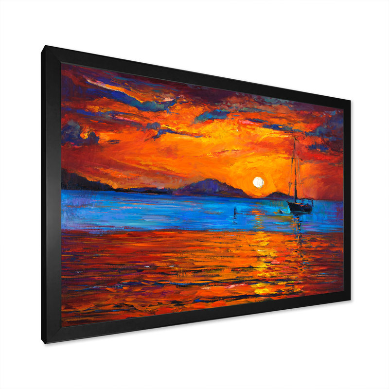 Bateau sur un coucher de soleil orange - reproduction d'art sur toile, H 16 po x l 32 po x P 1 po, Cadre photo noir