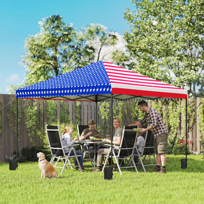 Tente à auvent escamotable 10 x 10 pi avec installation à une pression, abri portatif extérieur facile à installer avec sac de transport à roulettes, sacs de sable, hauteur réglable pour les fêtes, les événements, drapeau américain