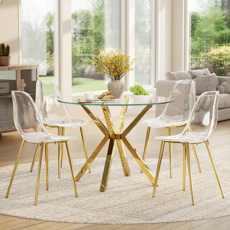 Ensemble de salle à manger 5 pièces moderne avec chaise transparente pour salle à manger, Clear/Gold, Clear/Gold
