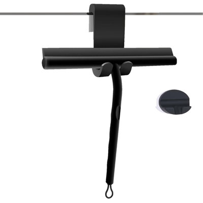 Squeegee for Shower Glass Doors, Black Silicone Squeegee with Stainless Steel Core, No-Drill Adhesive Hook, Resilient Loop, Cleaning Tool for Home, Kitchen, Bathroom & Car