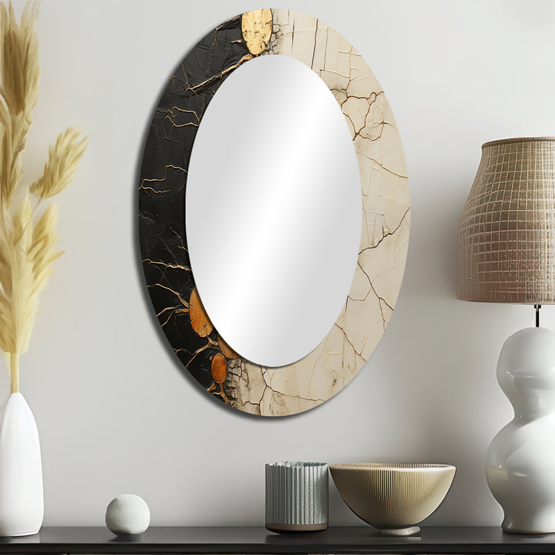 Black Gold Adorned Poteries IV - Modern Oval Wall Mirror, 36" x 24"