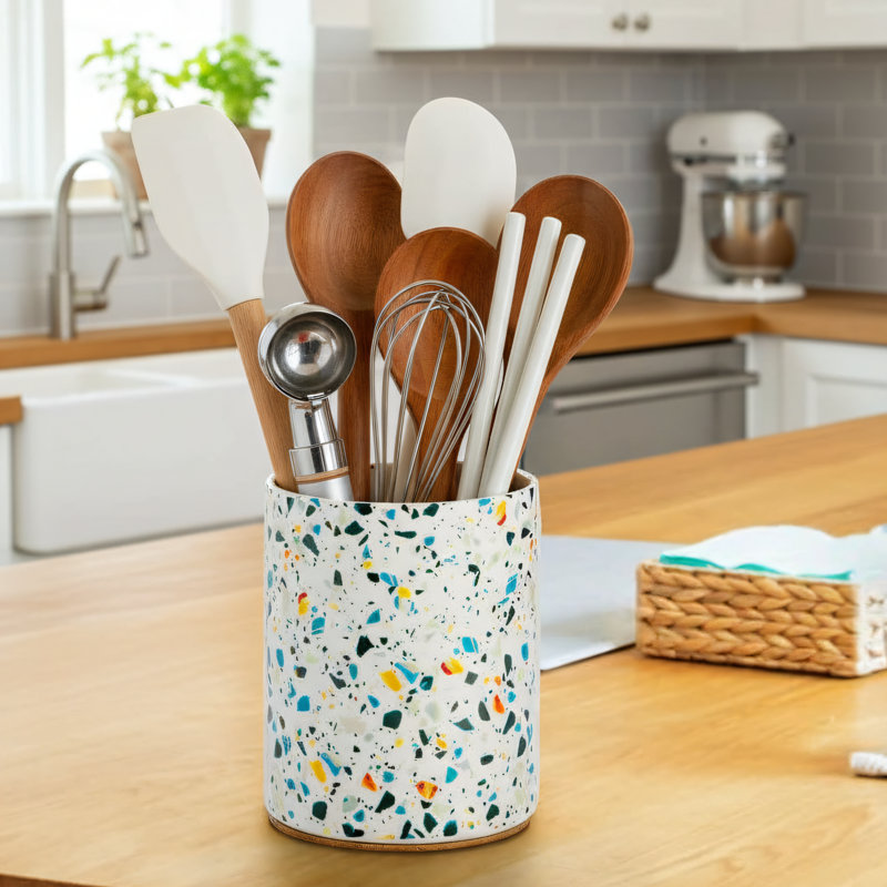 Marble-Patterned Ceramic Kitchen Utensil Rack, 6.4 Inches, With Cork Base To Protect The Countertop. Farmhouse Style, Kitchen Countertop Decoration, Christmas Gift.