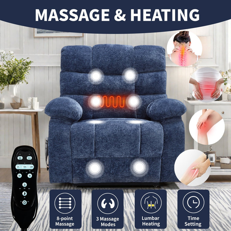 Electric Power Lift Chenille Recliner With Heat And Massage, Navy