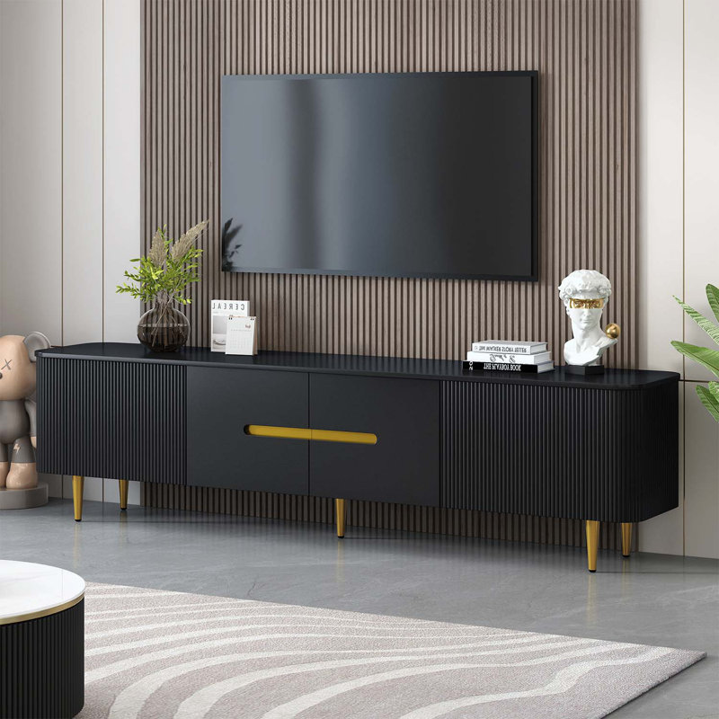Console multimédia moderne avec 4 armoires spacieuses, Noir, Noir et or