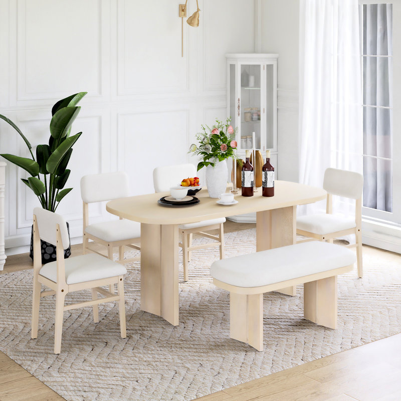 Ensemble de table de salle à manger extensible en bois massif 6 pièces avec banc, Naturel