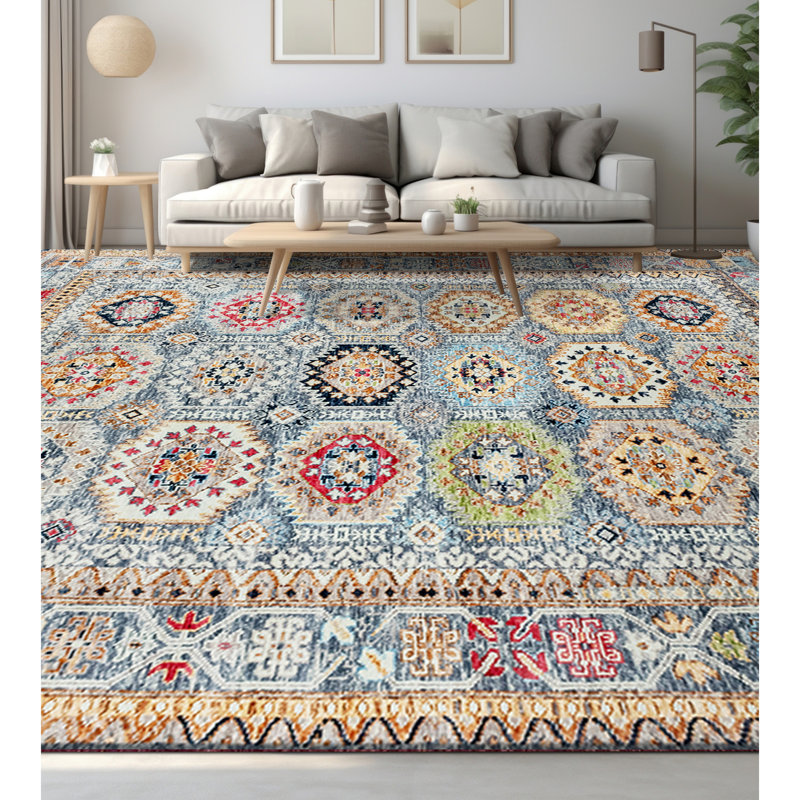 Wool Geometric Area Rug in Blue/Beige, Rectangle 9' x 12'