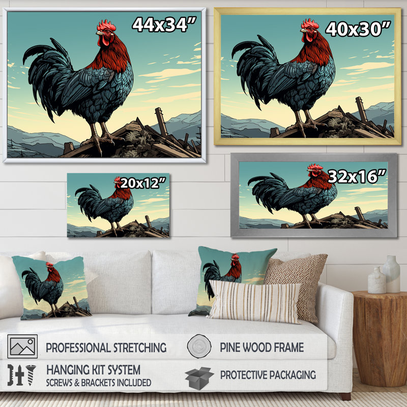 Coq à la ferme, lever de soleil, Cadre d'angle fermé noir, H 16 po x l 32 po x P 1 po