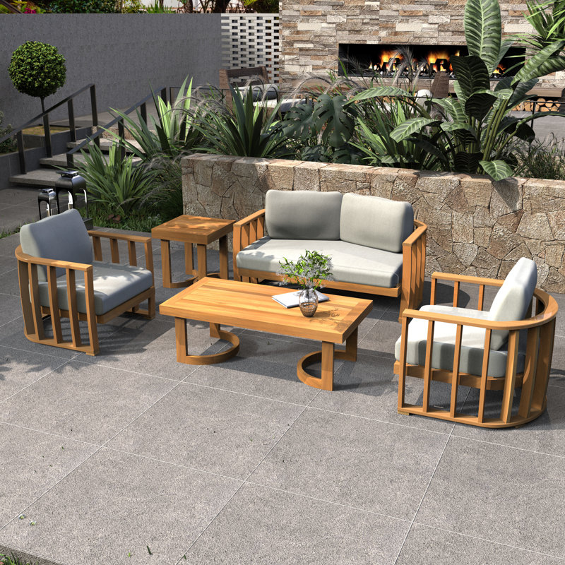 5-Piece Acacia Wood Modular Outdoor Sofa Set, 5 Pcs: 2 Tables, Sofa, 2 Chairs