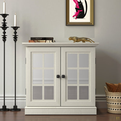 Storage Sideboard Cabinet With 2 Decorative Acrylic Mirrored Doors, Adjustable Shelf For Dining Room, Living Room, Kitchen, Metal Handles, MDF 3D Wood Grain Finish