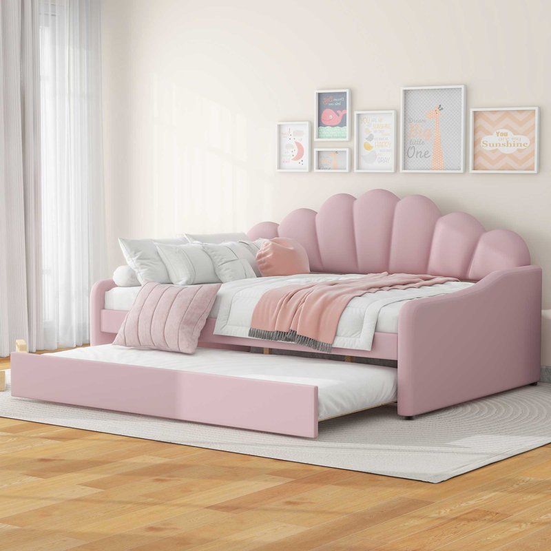 Full Size Upholstery Daybed Frame with Shall Shaped Backrest and Trundle, Pink