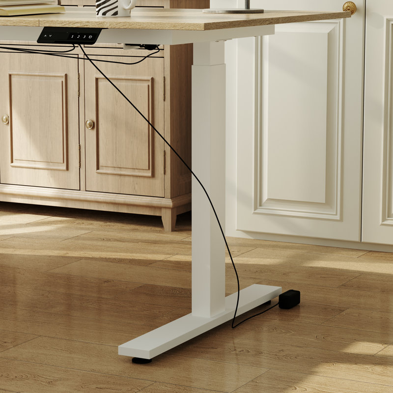 Adjustable L-shaped Metal Base Standing Desk, Natural Wood/White