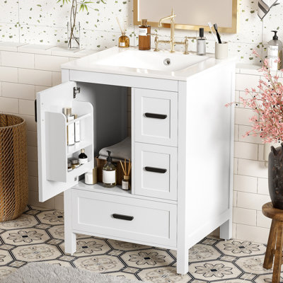Meuble-lavabo moderne de 24 pouces avec tiroirs à fermeture en douceur, options de rangement fonctionnelles et poignée en alliage de zinc pour rangement de porte de salle de bain à deux tablettes