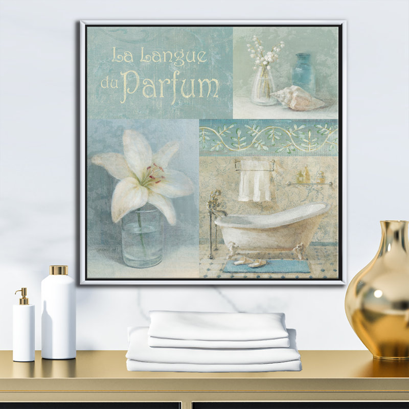 «Bathroom Lily Parfum Bath Story», reproduction d'art sur toile, H 46 po x l 46 po x P 1,5 po, Toile encadrée flottée blanche