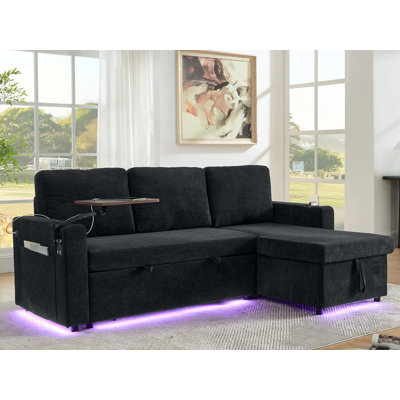 Canapé-lit coulissant de 85 po de largeur avec table rétractable et éclairage à DEL, ports de chargement USB et porte-gobelets
