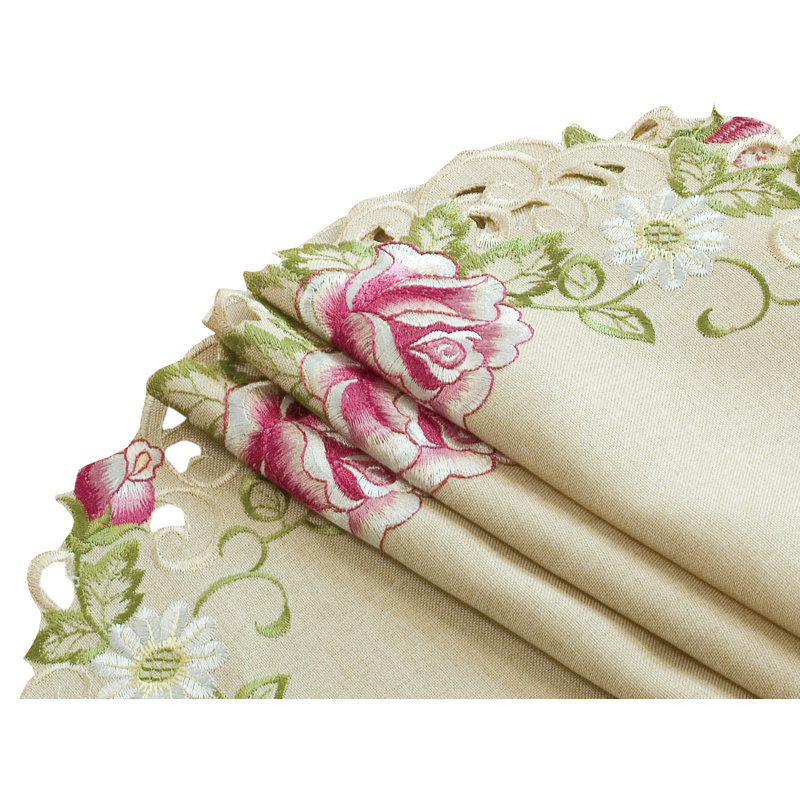 Embroidered Beige Round Doilies with Embroidered Pink Roses, Daisies for Elegant Dining Table Decor