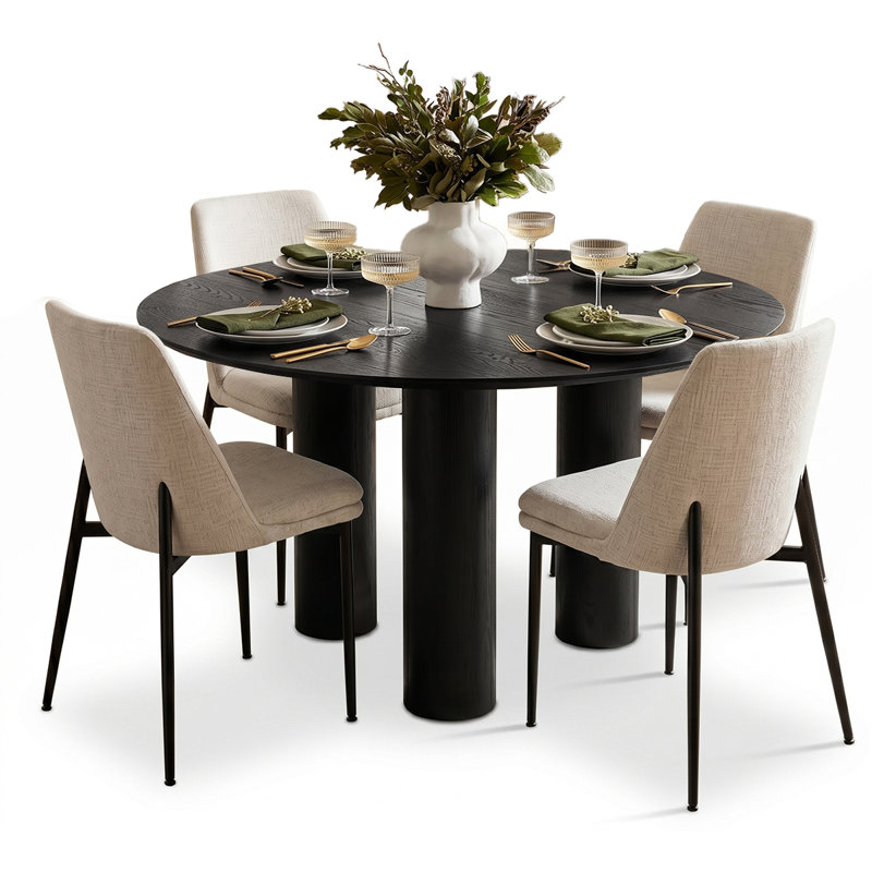 Modern 5-Piece Round Dining Set With Multi-Pedestal Base Table And Upholstered Side Chairs, Oatmeal