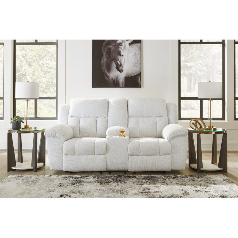 Snow White Fabric Reclining Loveseat with Console and Ottoman