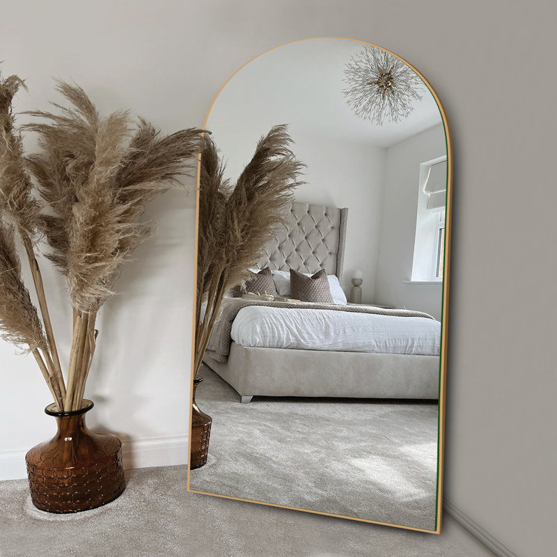 Leeron Oversized Arch Solid Wood Floor Mirror with Stand, Gold, 70.9" x 31.5"