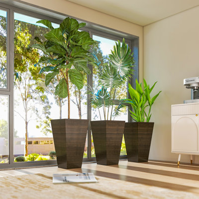 Ensemble de 3 grandes jardinières d'extérieur avec trous de drainage - brun