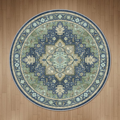Roehit Oriental Performance Navy / Sage 5' Round Rug, Machine Washable
