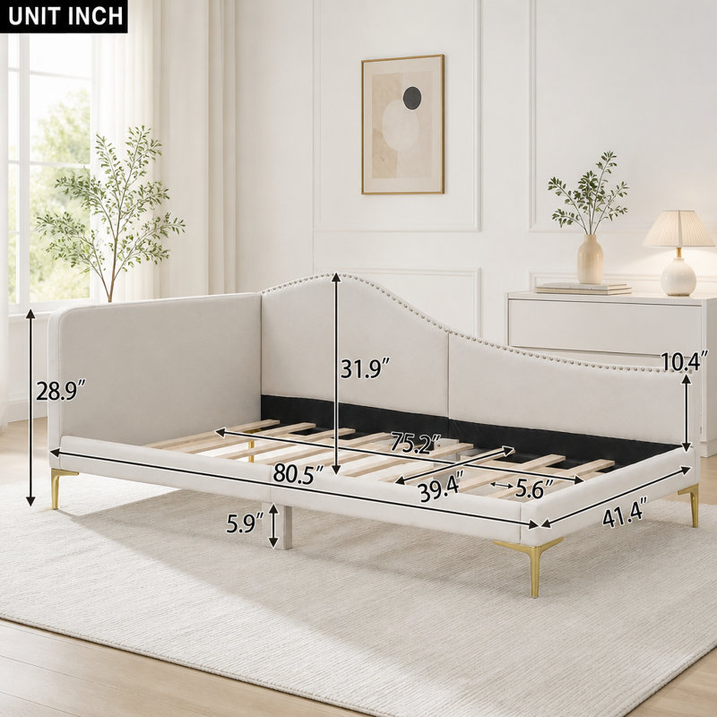 Lit de jour simple rembourré avec tête de lit et accoudoirs, beige, Twin, Beige