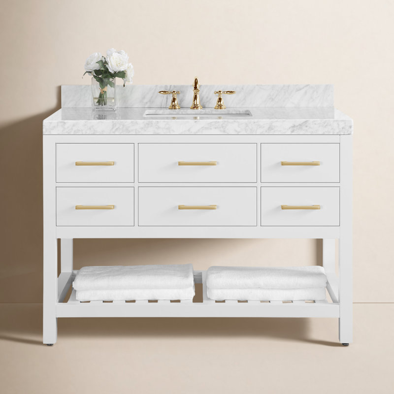Elizabeth 48'' W Single Vanity, White/Brushed Gold, Carrara White Marble