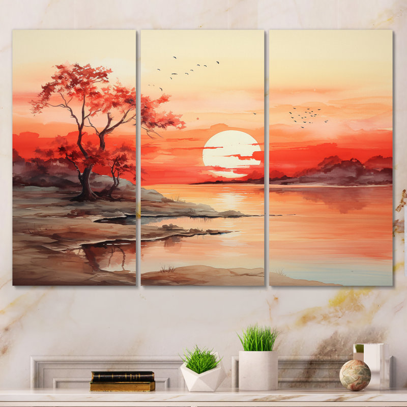 «Peach Brown Sunrise Splendor» sur toile, reproduction de 3 pièces, H 40 po x l 60 po x P 1 po