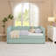 Lit de jour simple tapissier de style vichy avec canapé-lit gigogne, tissu en lin, aucun sommier requis, port de charge USB intégré, cadre en forme de vague