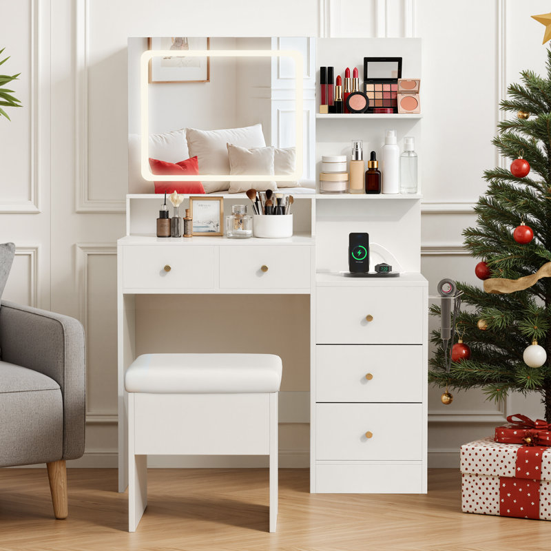 SOGO Makeup Vanity Desk Set with Mirror amd LED Lights, White Vanity Table with Chair, Charging Station, 3 Open Storage Shelves & 4 Drawers, Dressing Table with 3 Color Modes & Adjustable Brightness for Bedroom