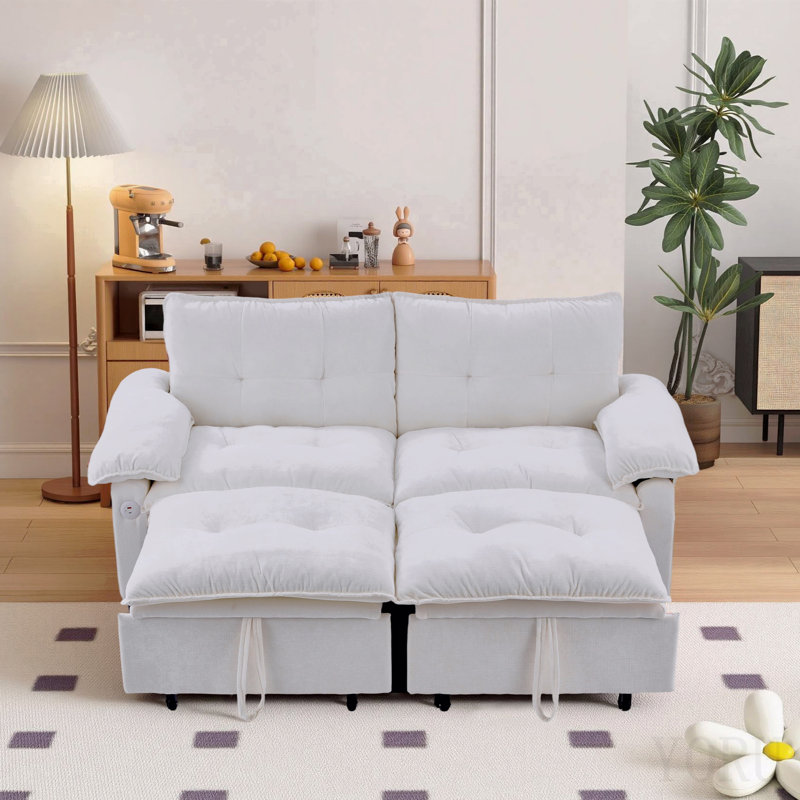 Canapé-lit convertible de 73 po en velours blanc beige avec matelas convertible, Beige