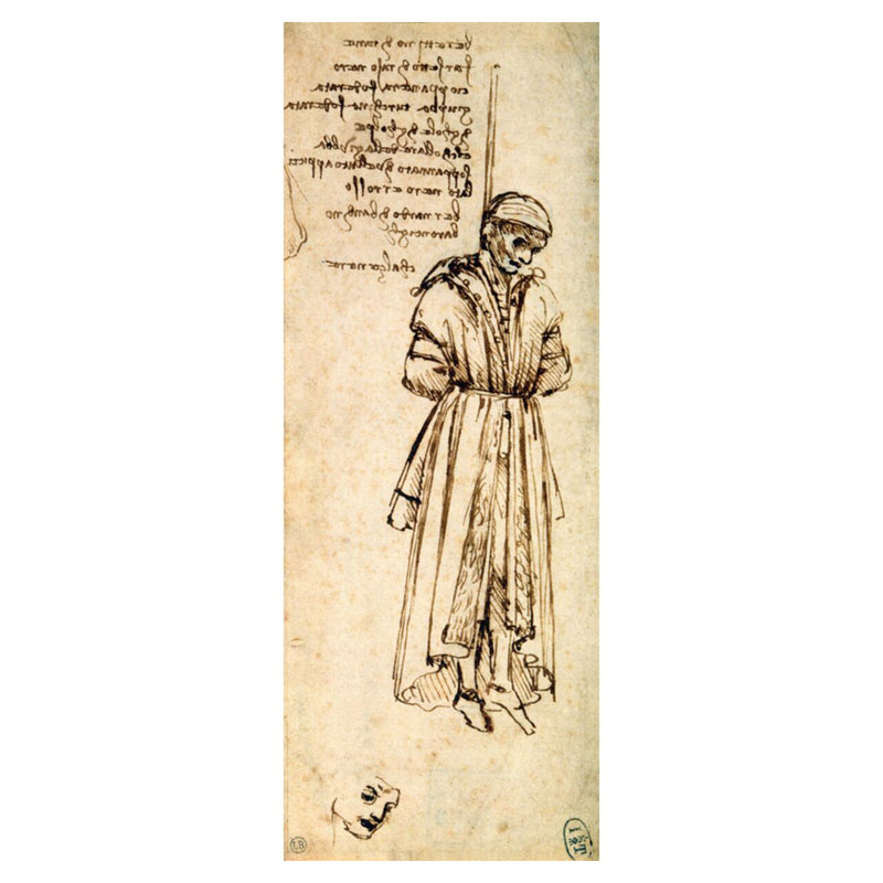 Étude de l'assassin de Bernardo di Bandino Baroncelli de Giuliano de Medici par Leonardo Da Vinci, H 40 po x l 32 po