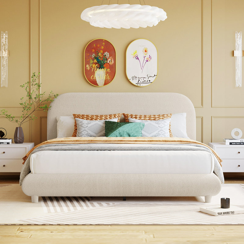 Lit plateforme en tissu d'ameublement Teddy, Beige, Grand lit