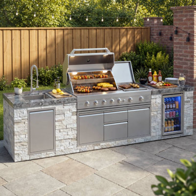 3-piece Modular Outdoor Kitchen Island Set with 7-burner Grill, Fridge
