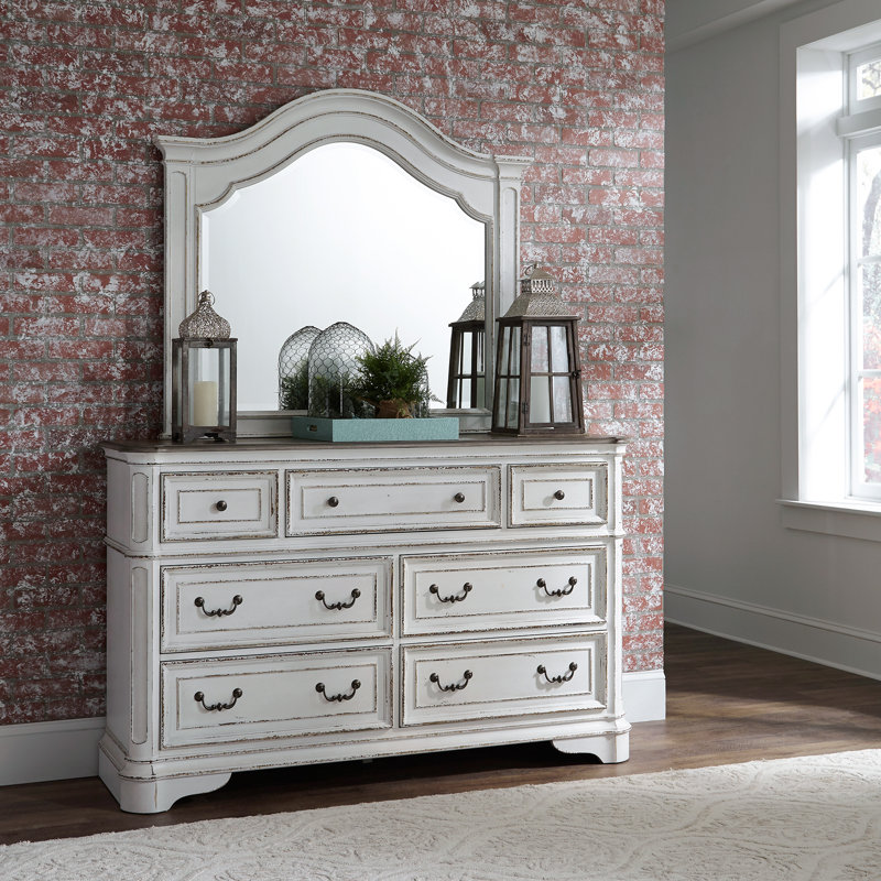 Colchester King Upholstered Bed, Dresser & Mirror, Chest, Two Nightstand Bedroom Set, King, Antique White