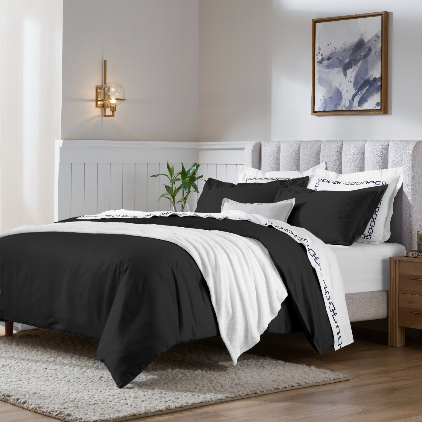 Egyptian Cotton Duvet Cover Set, Black, Full/Queen Duvet Cover + 2 Pillow Sham