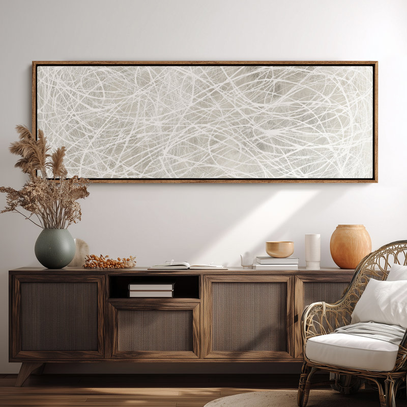 Motif de tissage abstrait linéaire blanc pour art mural de salon ou de bureau moderne, H 20 po x l 60 po, Naturel