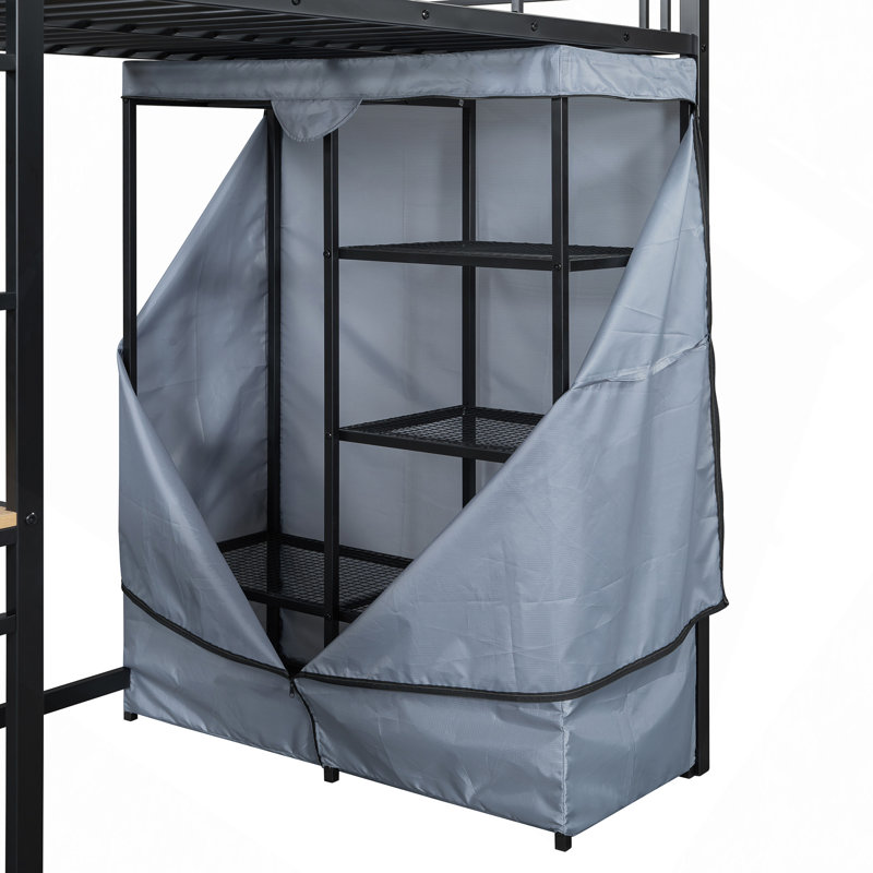 Lit mezzanine double avec bureau, tablettes, prise de courant, lumière DEL et garde-robe, Lit simple, Noir