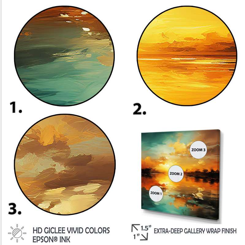 «Golden Beach Horizon - Coastal Sunset», art mural, Cadre flottant brun, H 36 po x l 36 po