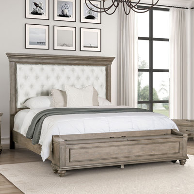 Transitional 1pc Queen Size Bed Aged Oak FB Bench w Storage Bedroom Furniture Beige Padded Fabric HB
