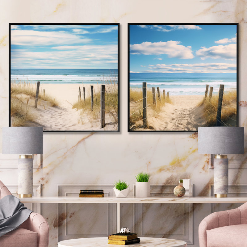 Tranquility Path To Dune Beach - Ensemble de 2 collages nautiques et carrés, Cadre flottant noir, H 16 po x l 33 po