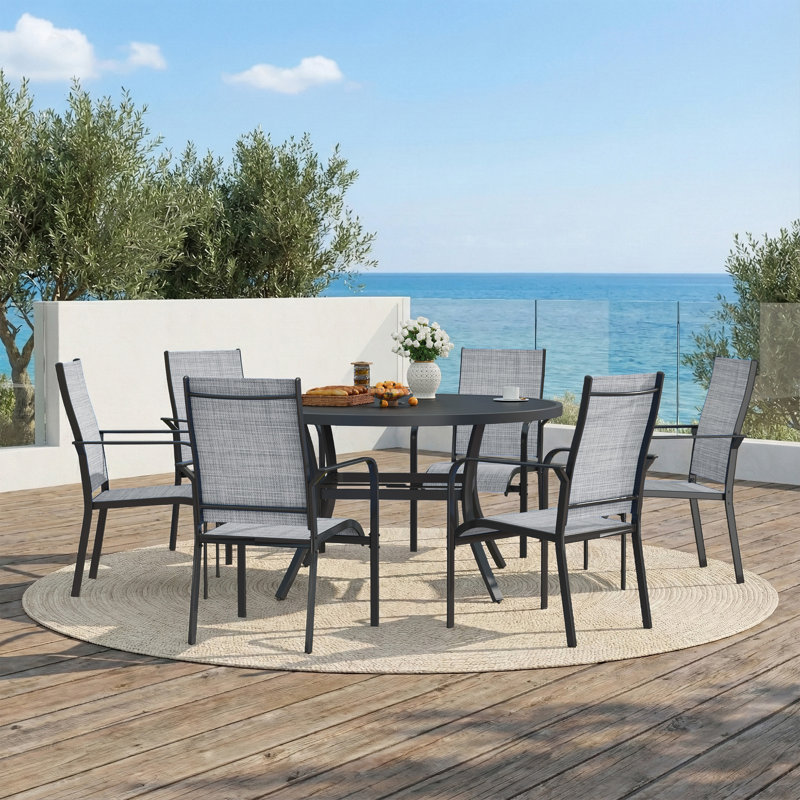 Ensemble de salle à manger 7 pièces pour terrasse, table de salle à manger ronde 53,2 po avec trou de parasol réglable et 6 chaises empilables en textilène