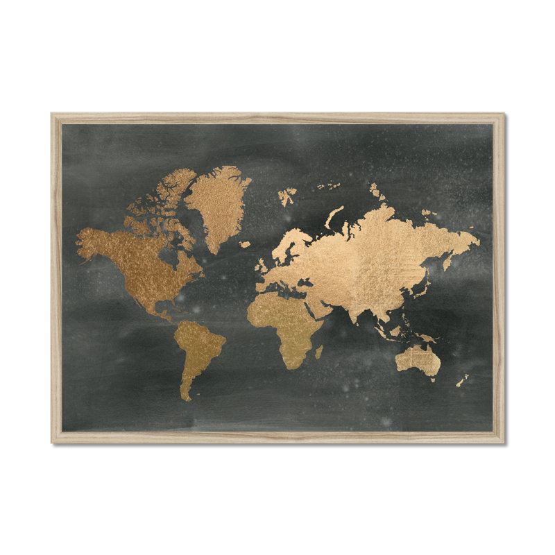 Gold World Map On Black Wash by Jennifer Goldberger - Print, 55cm H x 80cm W, Natural Wood Framed Paper Print