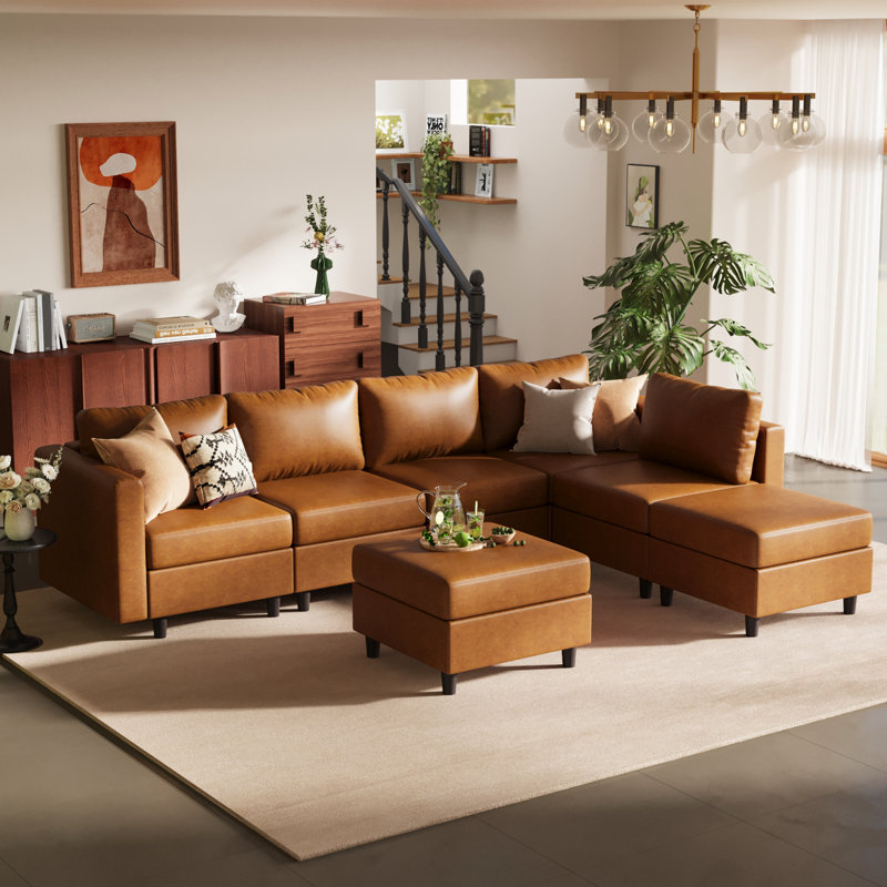 Caynemore 7-Piece 118.5'' Reversible Modern L-Shape Sectional Sofa With Storage Seat- Faux Leather-Brown, Brown Faux Leather