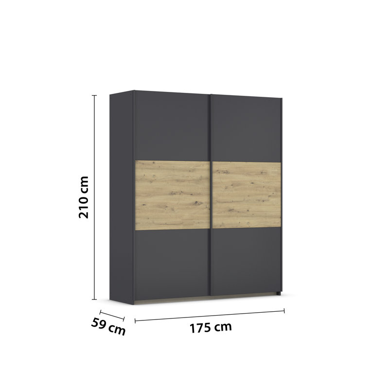 Neo 2 Door Manufactured Wood Wardrobe, 210cm H x 175cm W x 59cm D, Grey metallic/Oak artisan, Basic