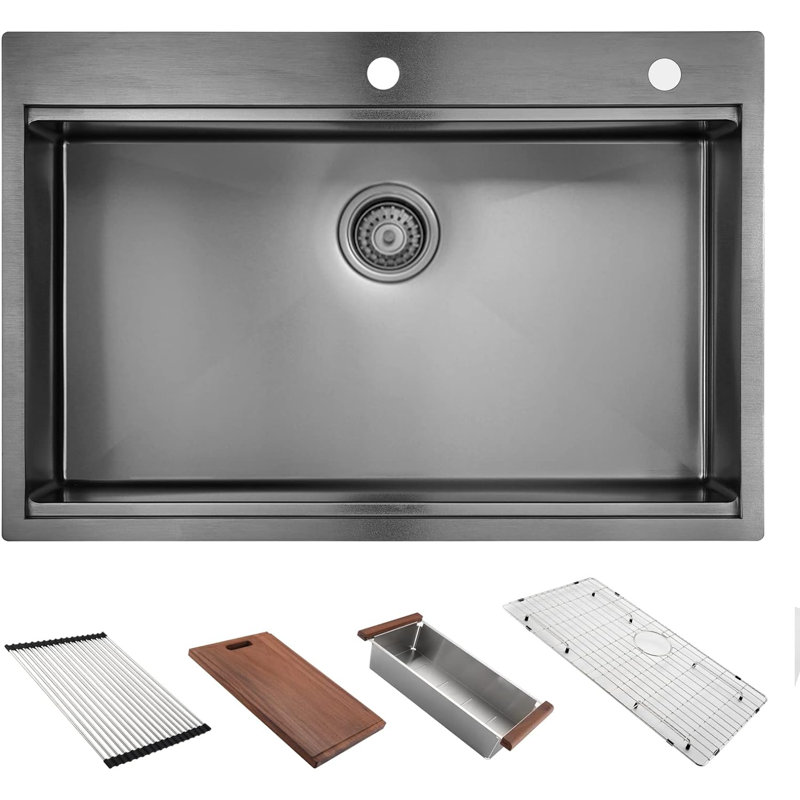27'' L Black Drop-In Single Bowl Stainless Steel Kitchen Sink, Black, 16-Gauge