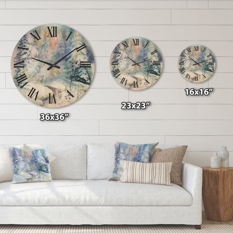 Horloge murale en bois paysage d'hiver avec rivière enneigée I, Très grand
