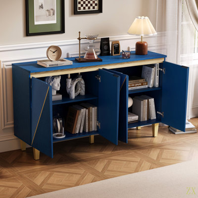 Buffet rétro 60 "avec rangement, armoire rétro 4 portes avec portes à effet dimensionnel et tablettes réglables pour la salle à manger, la cuisine et le salon
