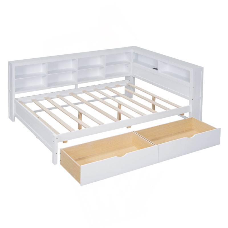 Lit de jour double en bois avec 2 tiroirs, lit de jour avec tablette de rangement et ports de chargement USB, Blanc